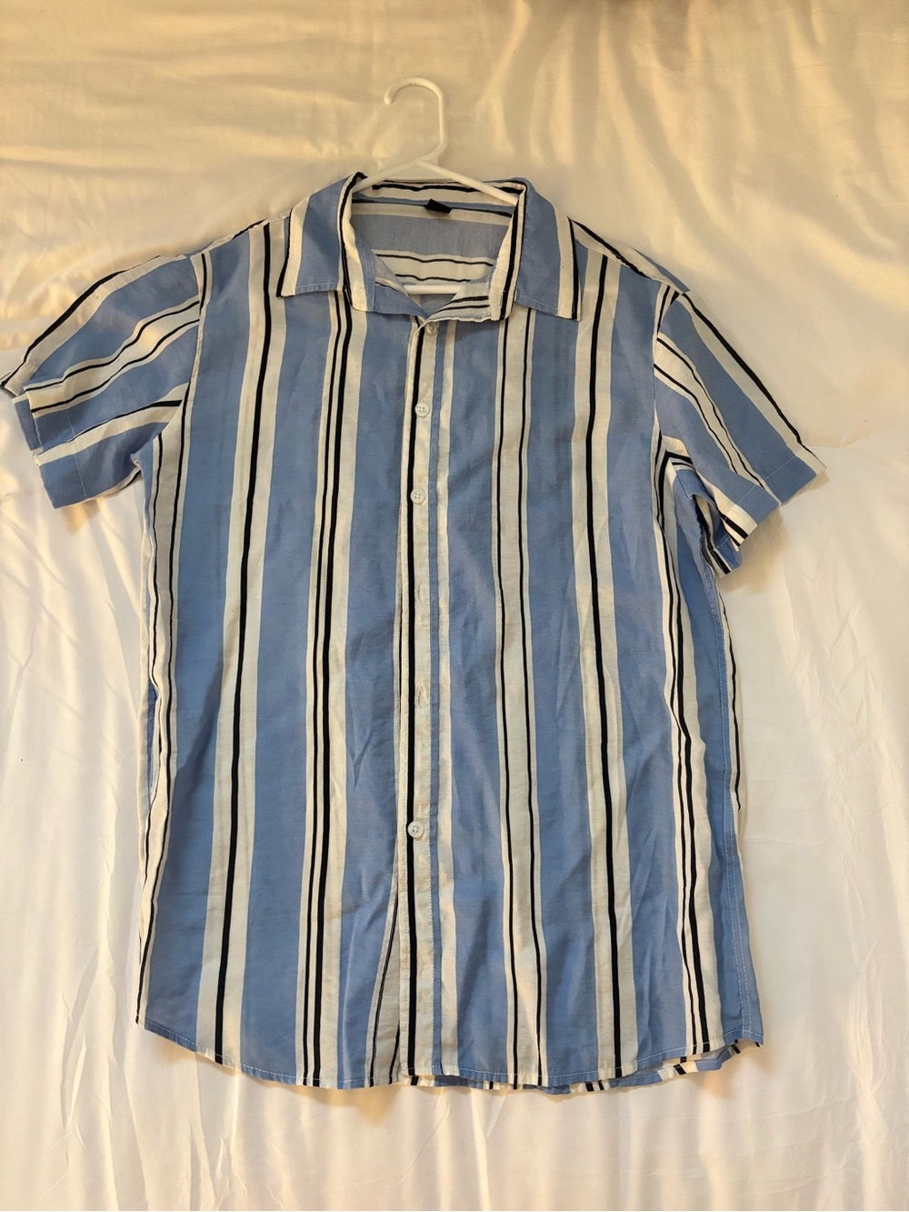 SHEIN Blue, White & Black Vertical Stripe Short-Sleeve Shirt